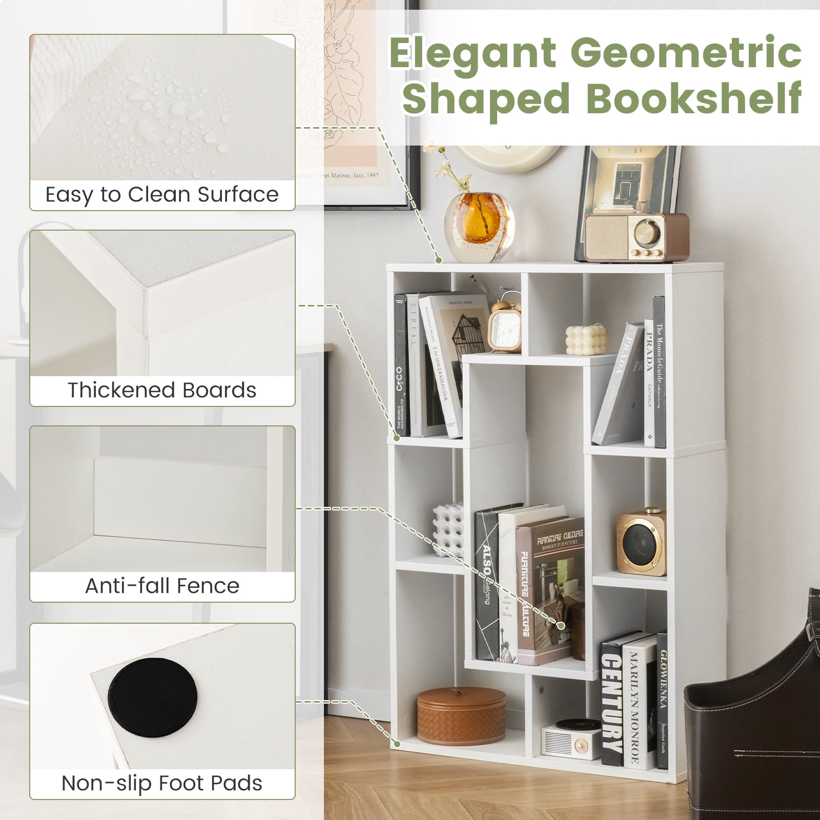 Topbuy 35.5” Geometric Bookshelf Open-back Bookcase w/ 7 Cubes Free-standing Storage Shelf Unit w/ Anti-Toppling Devices White