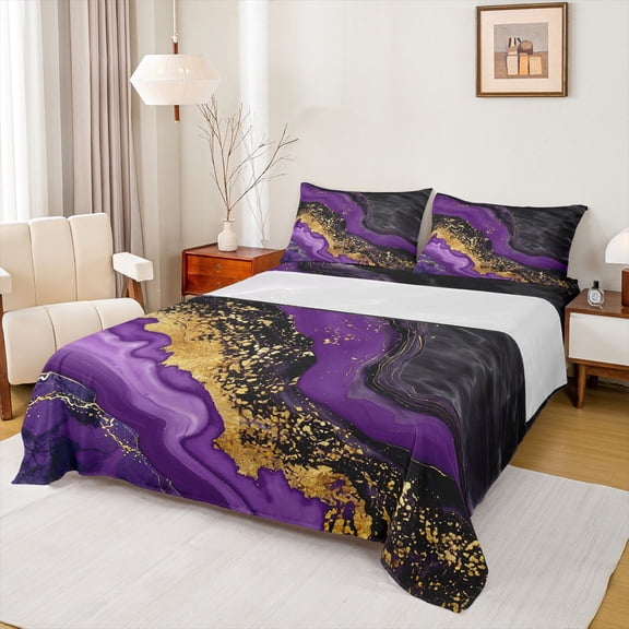 jejeloiu Purple Gold Black Twin Sheet Sets,Marble Fulid Art Twin Fitted Sheet,Modern Aesthetic Art Flat Sheet For Adults,Ltra Soft Home Decor,3-Piece