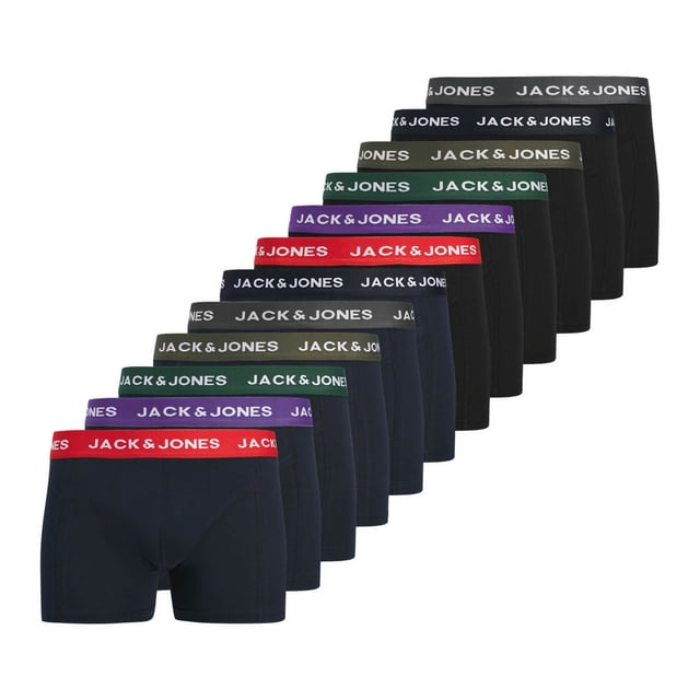 JACK&JONES Boxers para hombre, paquete de 12 - JACKYLE SOLID TRUNKS, algodón elástico Negro/Rojo/Morado/Verde S (Small)