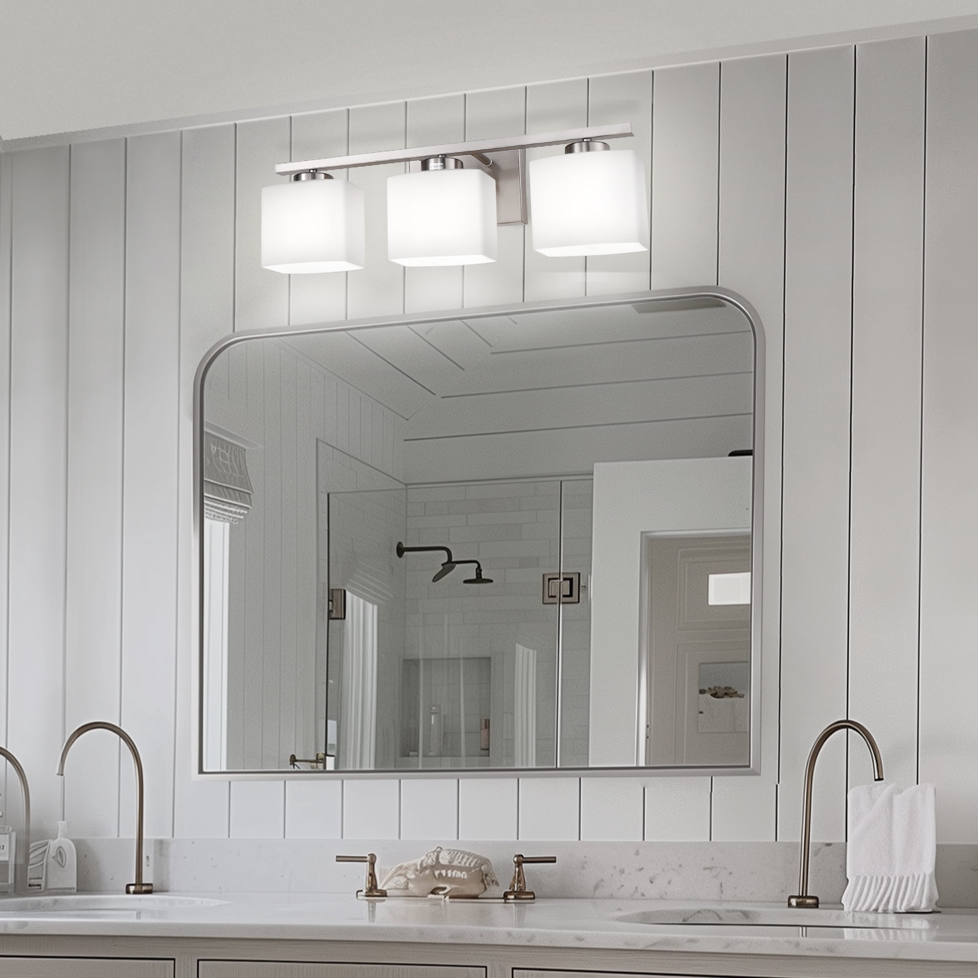 Briignite 3-Light Bathroom Light Fixture with Milk Glass Shades, Modern Stylish Vanity Lighting Fixtures for Bathroom, Chrome and White