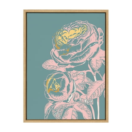 Kate and Laurel Sylvie Floral in Teal Framed Canvas Wall Art by Apricot and Birch, 18x24 Natural, Vintage Floral Art for Wall