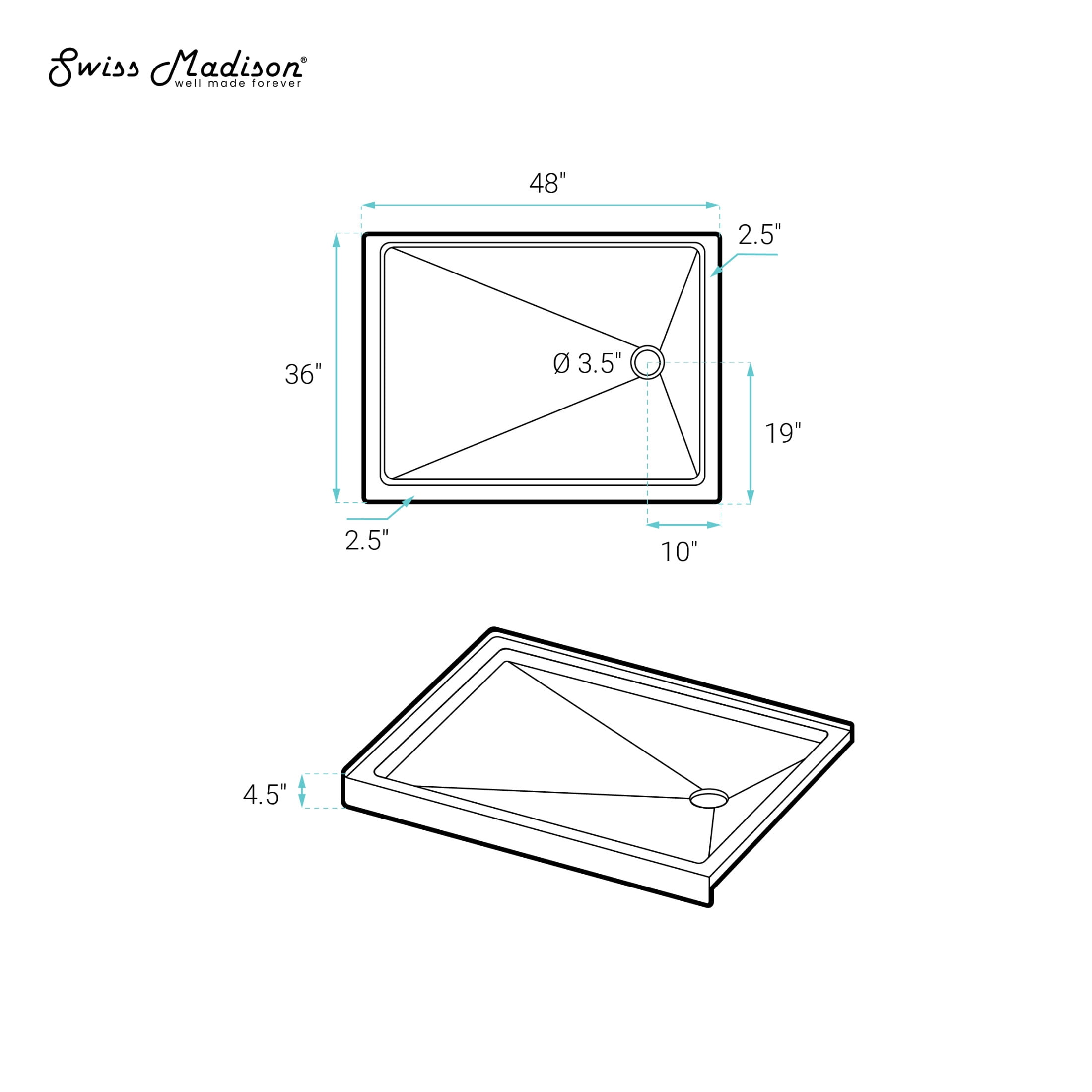 Carre 48" x 36" Acrylic White, Single-Threshold, Right Drain, Shower Base