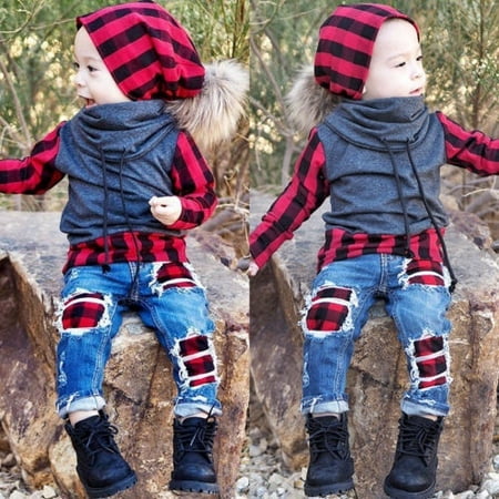 - Plaid Toddler Kid Baby Boy Tops Shirt Denim Jeans Long Pants 2pcs Outfit Clothes