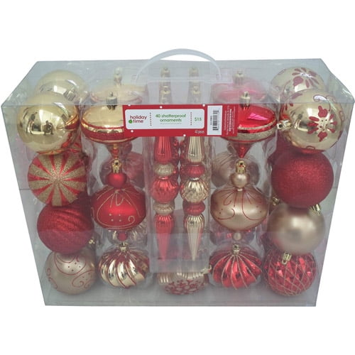Holiday Time 40Count Shatterproof Christmas Ornament Set, Red/Gold