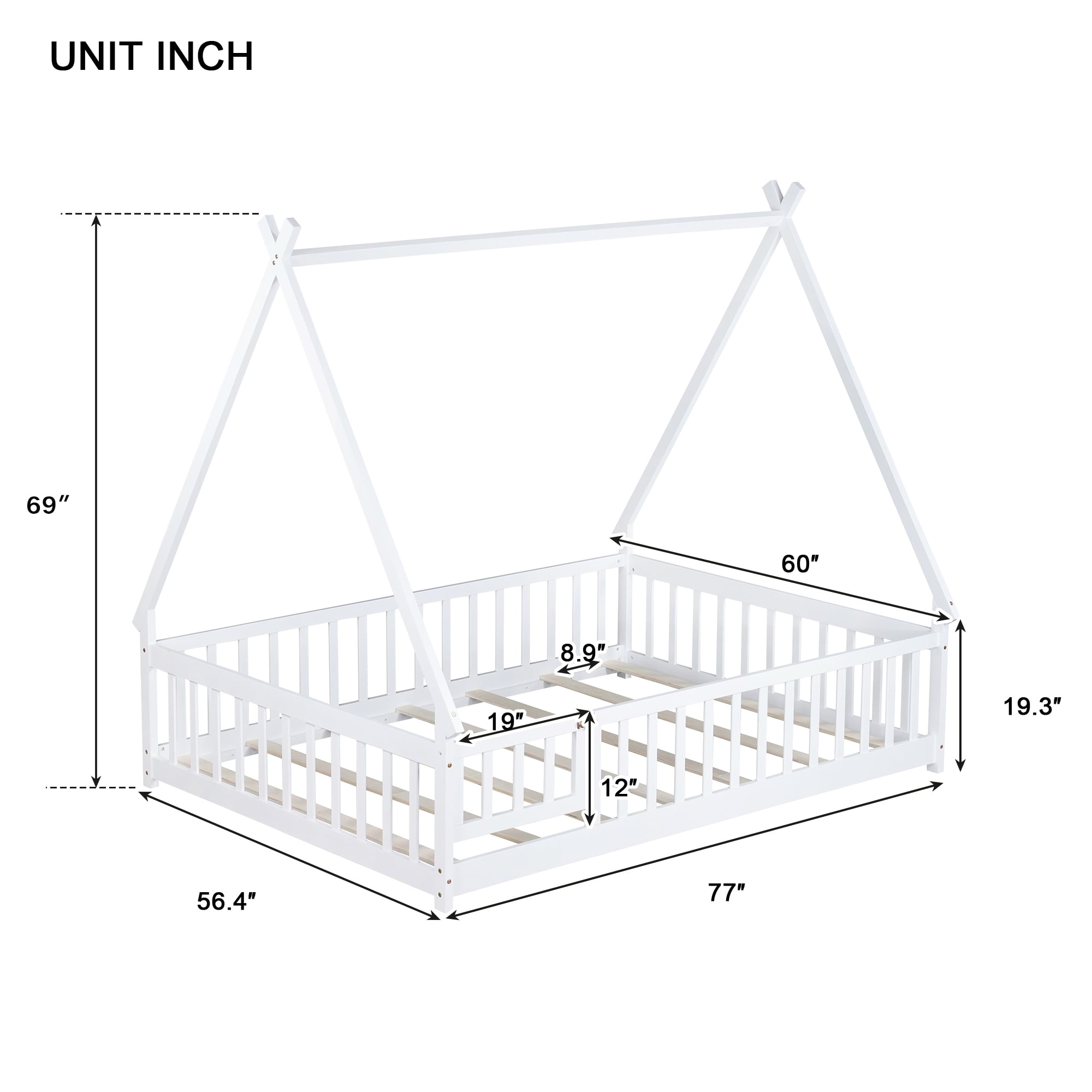 Sailvan Full Size Rubber Wood Tent-shaped Floor Bed,with Guardrails,Slats and Door