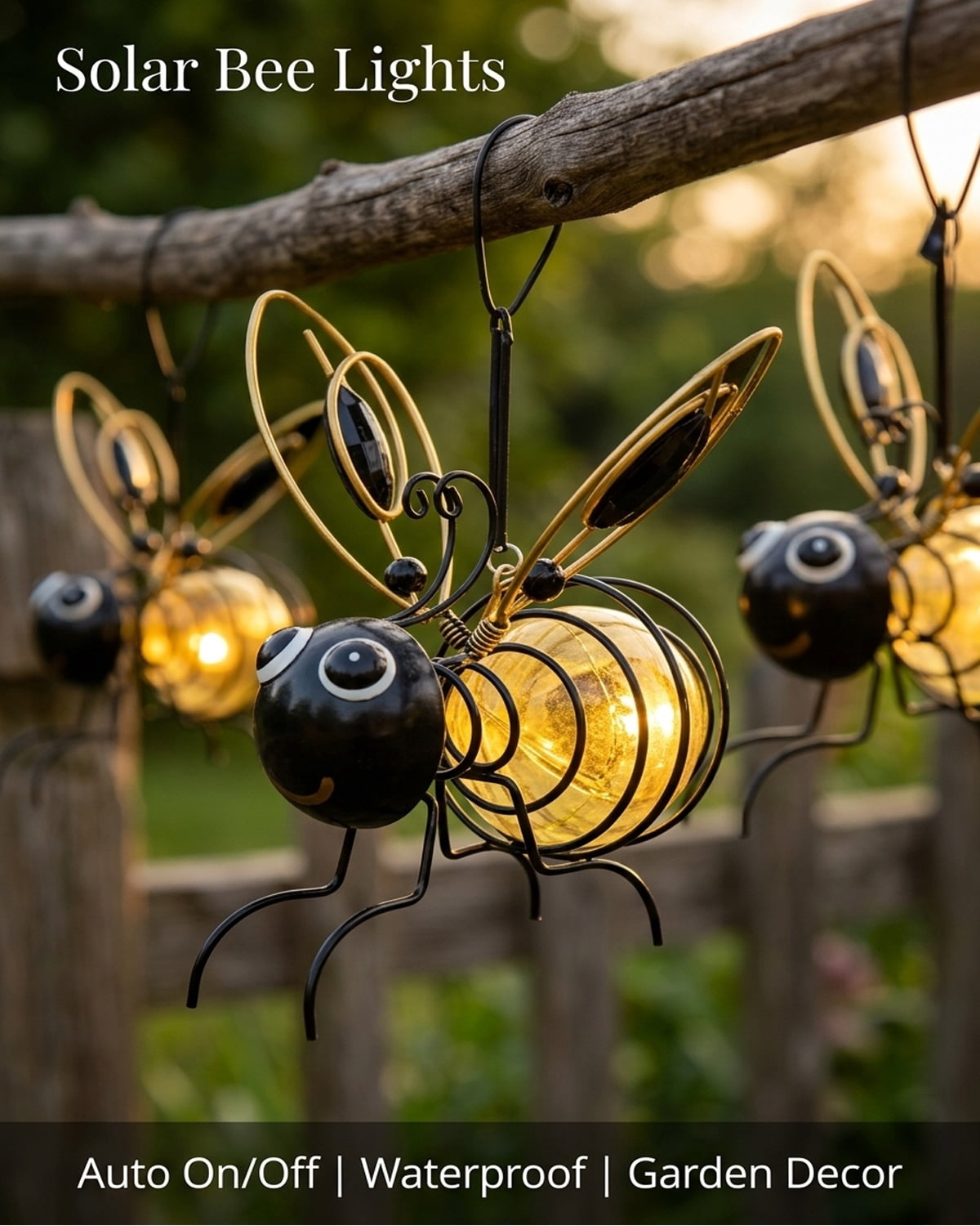 Outdoor Hanging Solar Bee Light, Waterproof Bumble Bees Solars Light, Glowing Metal Bee with Spring Figurine Lights, Cute Solar Insect, For Party Festivals Garden Decor Birthday Gifts