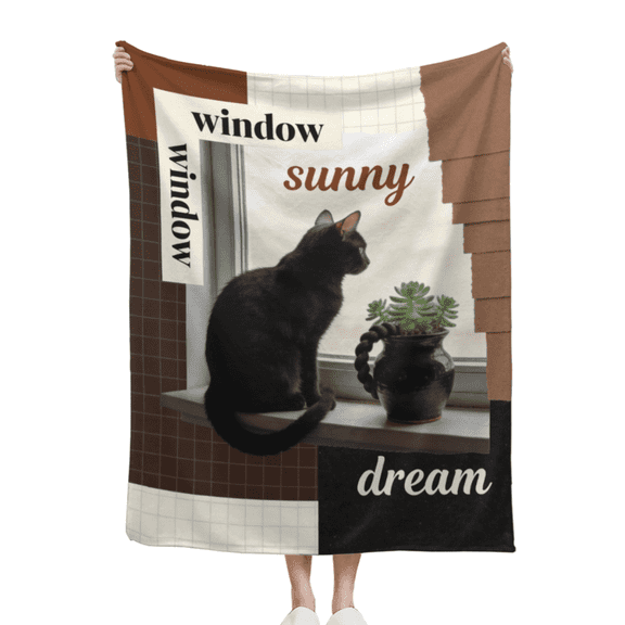40*50in Retro Patchwork Black Cat Flannel Blanket - Soft Plush Throw with "Window Sunny Dream" for Sofa, Bed, and Cozy Reading Nooks