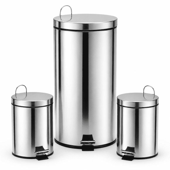 Kit 3 Botes De Basura Acero Inox 30L + 2x5L Pedal y Cubeta