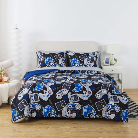 YOUR ZONE GLOW IN THE DARK 7-PIECE GAMER BEDDING SET FOR KIDS WITH FABRIC STORAGE BAG, FULL
