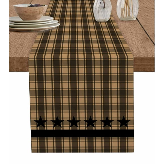 Brown Black Plaid Burlap Cotton Table Runner 14x72 Inches Long, Vintage Rustic Star Buffalo Check Farmhouse Table Runners, Outdoor Dining Tablecloths Decor for Baby Shower/Party/Wedding