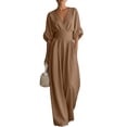 thumbnail image 6 of GILIGEGE Women Linen Blend Wrap V Neck High Waist Half Sleeve Flowy Wide Leg Jumpsuit Romper One Piece Outfit Casual Dressy Elegant Summer Vacation Holiday Soft Breathable Loose Fashion Outfit Coffee, 6 of 9