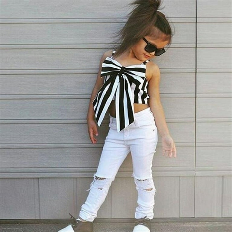 Toddler Kids Girls Big Bowknot Strap Striped T Shirt Tops Hole Long Pants  Leggings 2PCS Outfits Clothes Set Baby Girl Outfits 6-9 Months 