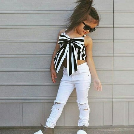 

Hunpta Toddler Kids Girls Big Bowknot Strap Striped T Shirt Tops Hole Long Pants Leggings 2PCS Outfits Clothes Set