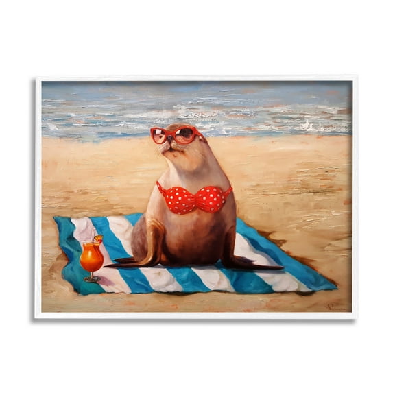 Stupell Industries Polka Dot Bikini Sea Lion Tropical Drink Beach Scene, 14 x 11, Design by Lucia Heffernan