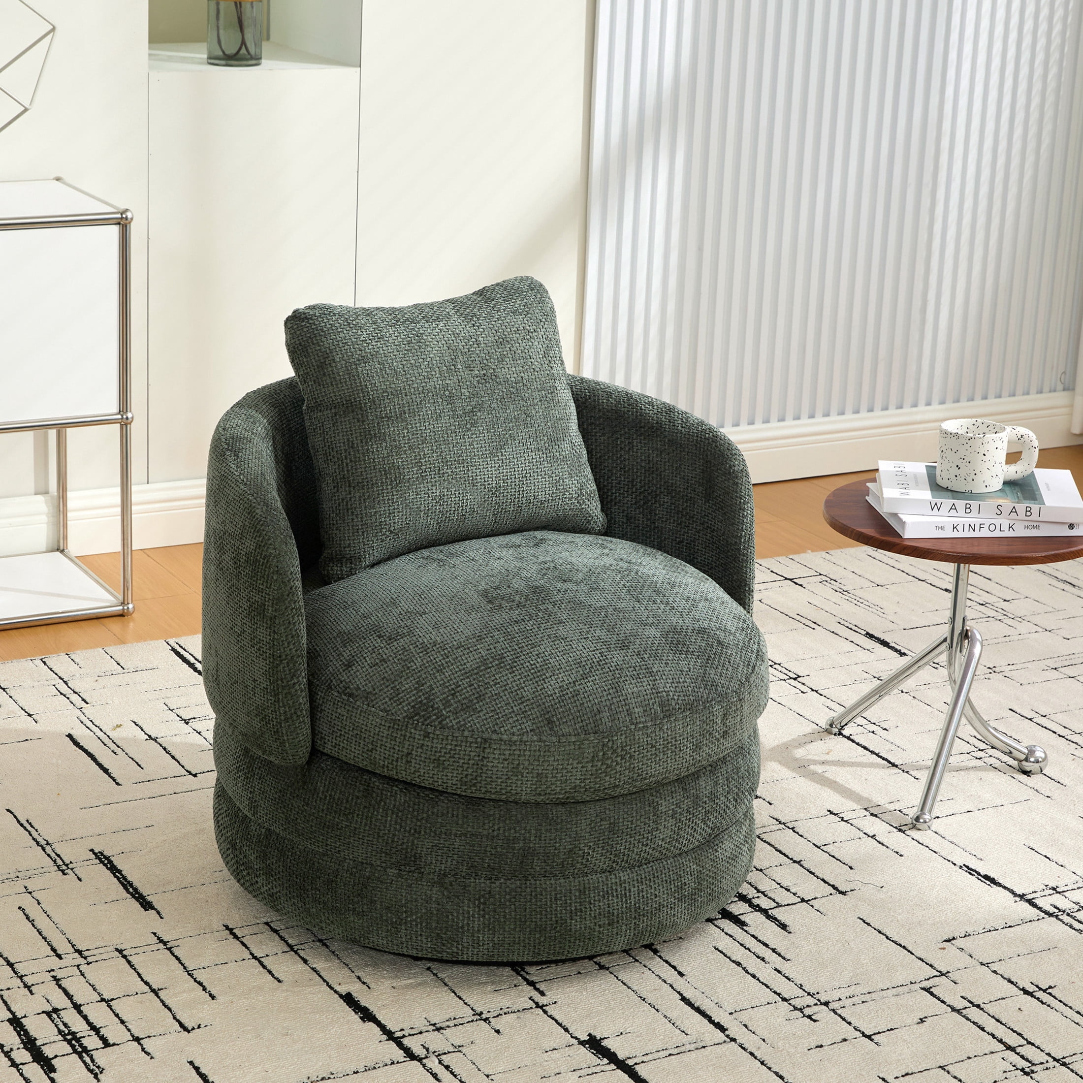 Noble House Norlyn 30" Chenille Swivel Barrel Accent Chair, 360° Comfy Lounge Reading Armchair with Pillow, Green