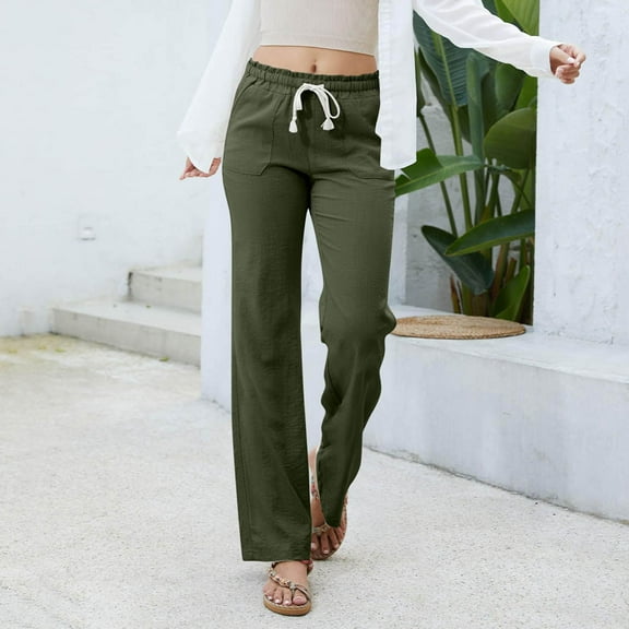Roncen Women's Solid Elastic Waist Jogger Pants - Drawstring Tie Casual Trousers with Side Pockets, Loose Fit Comfortable Long Pants