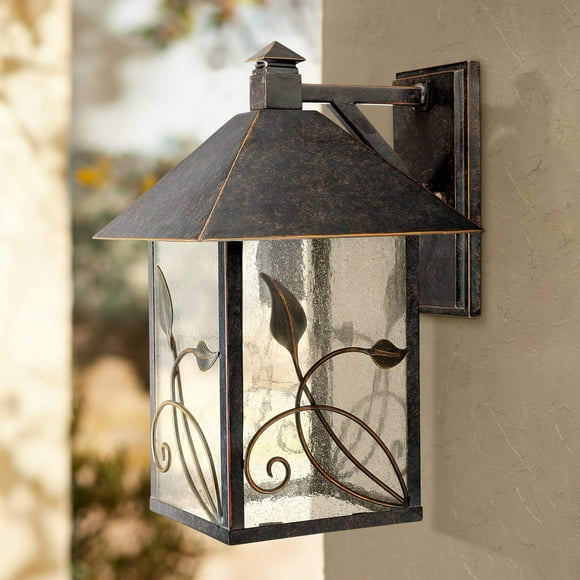 French garden Rustic Outdoor Wall Fixture Bronze Metal Leaf and Vine Motif 15 clear Seedy glass Decor for Exterior House Porch Patio Outside Deck gara