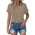 thumbnail image 2 of KIHOUT Women's Crinkle Gauze Button-Down Shirt Short Sleeve Rolled Cuff Split Hem Casual Cotton Blouse, 2 of 7