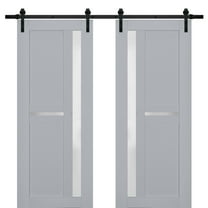 Sturdy Double Barn Door with Frosted Glass | Veregio 7288 Matte Grey | 13FT Rail Hangers Heavy Set | Solid Panel Interior Doors-36" x 84" (2* 18x84)-Black Rail