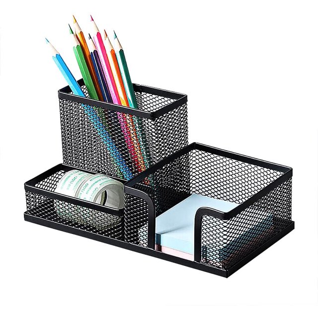 Organizador de escritorio de malla Caddy de suministros de oficina con portalápices y cestas de almacenamiento para accesorios de escritorio, 3 compartimentos, negro Namotu WRQX-248