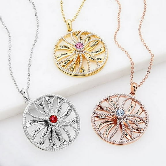 Personalized Planet Women's 3-D Engraved Starburst with Birthstone Spinner Necklace