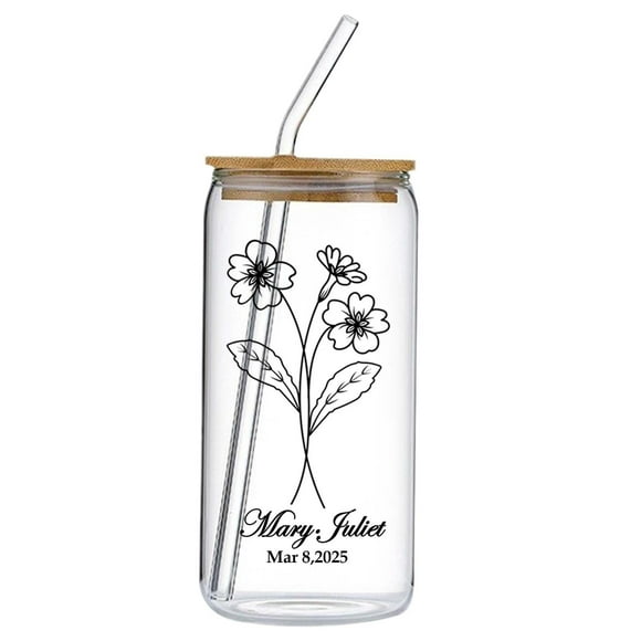 Personalized Name Birth Flower Glass Cup, Yoaney 16 Oz Custom Glass Bohemian Style Floral Design Custom Name Birthday Water Bottle Suitable As Anniversary Birthday Mother's Day Bridesmaids Gift
