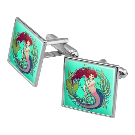 Mermaid Holding Trident Circle Art Nouveau Kelp Square Cufflink Set - Silver or Gold
