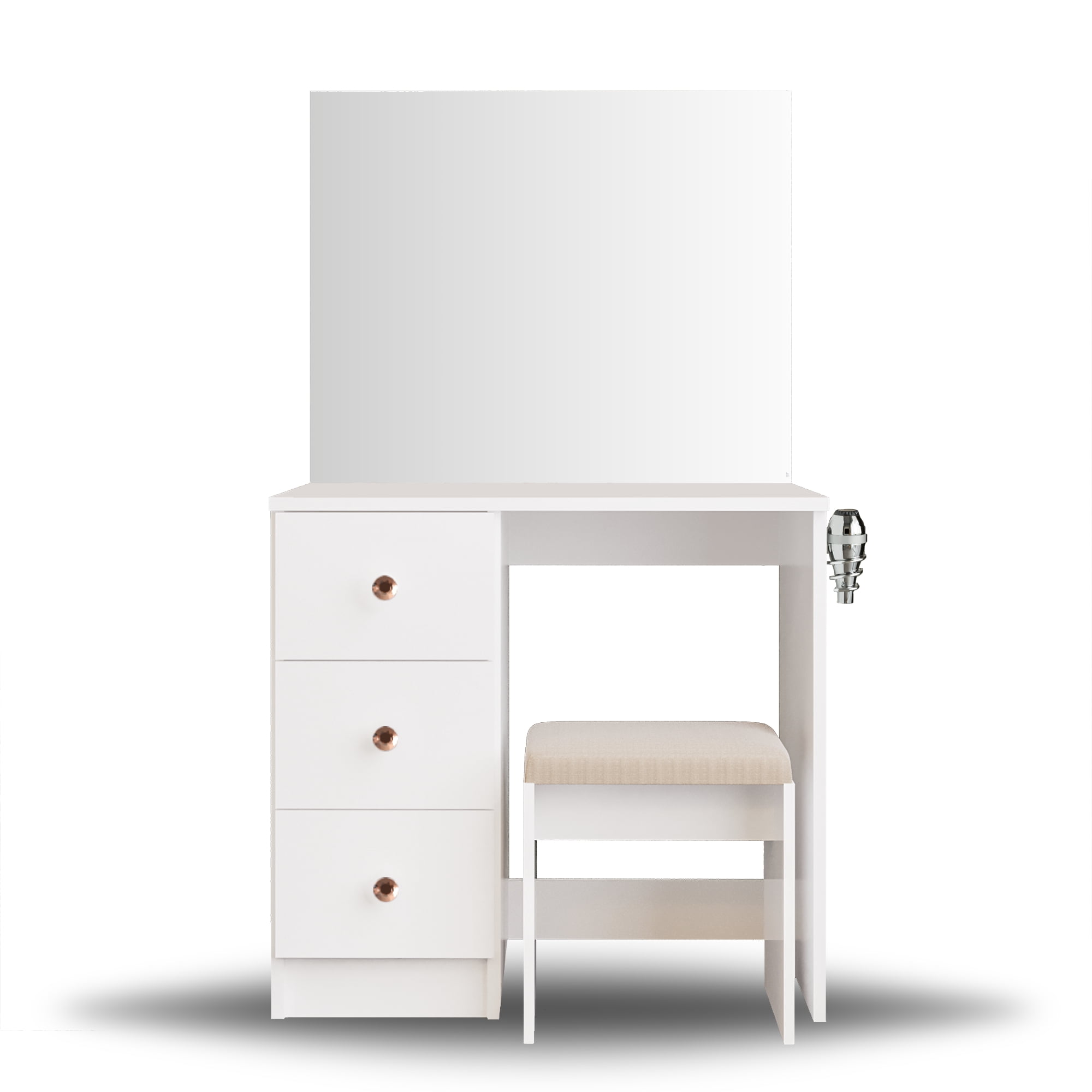 Ember Interiors Small Kids Vanity Makeup Desk Set with Chair, Drawers,Mirror,Rose Gold Crystal Knobs, White