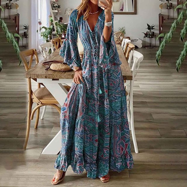 LOVZFMLL Mode Femmes Col en V Imprimé Manches 3/4 Patchwork Robe Longue Décontractée Bleu 2TG