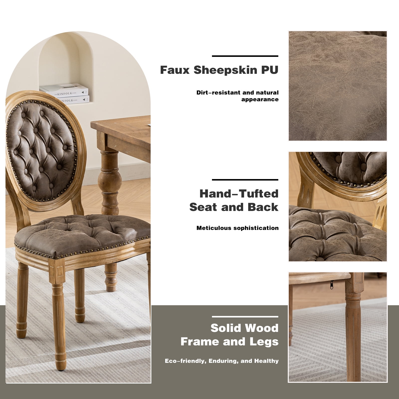 French Country Dining Chairs Set of 4, Tan Kitchen & Dining Room Chairs, Taupe Faux Leather Kitchen Chairs, Tufted Upholstered, Wood Legs, Sillas De Comedor (PU, Brown, 4Pcs)