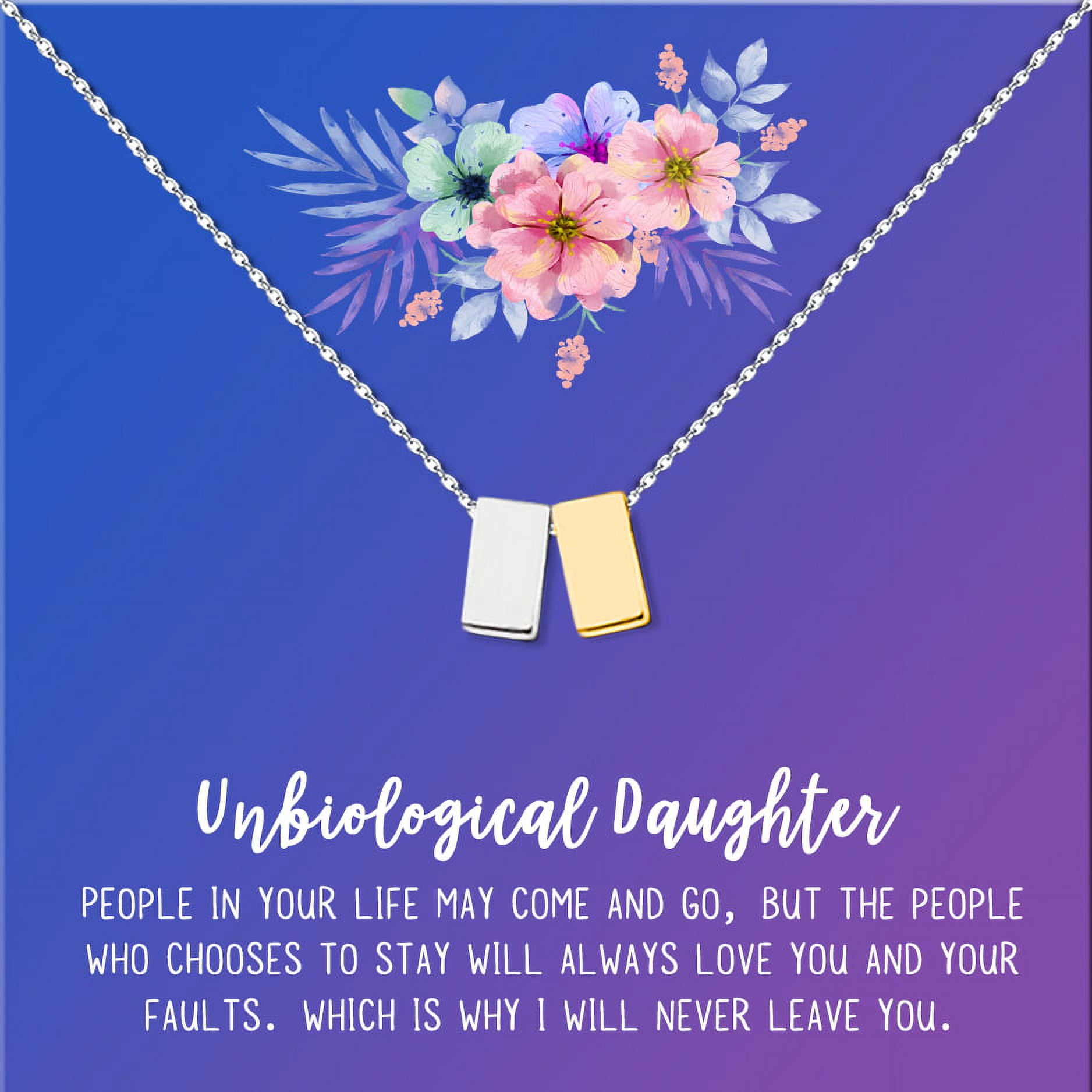 Anavia Unbiological Daughter Jewelry, Step Daughter Necklace Gift, Bonus Daughter Birthday Card Gift, Gift from Step Mom-[Silver and Gold Double Cube, Blue-Purple Gift Card]