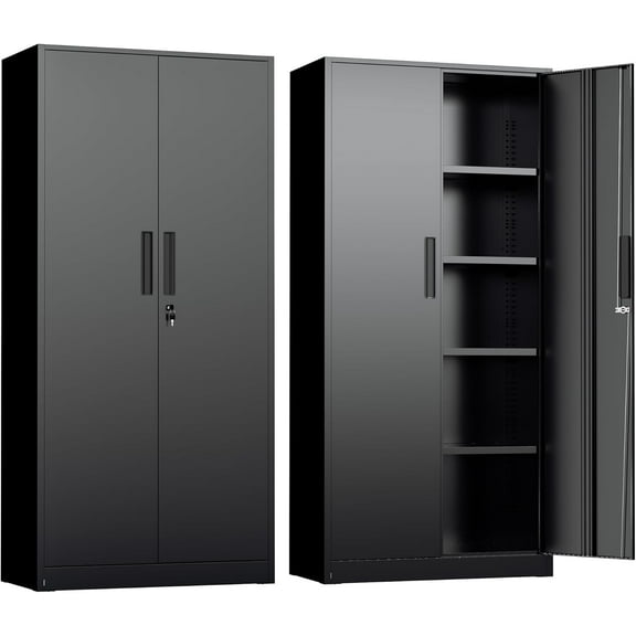 Metal Garage Storage Cabinet, 72” Lockable File Cabinets with 2 Doors and 4 Adjustable Shelves, Steel Tool Cabinets with Lock for Office, Home, Gym, Black
