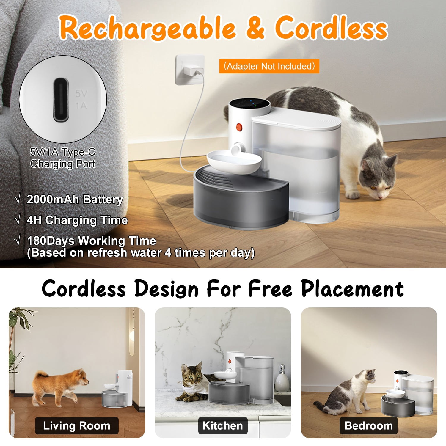 Zorpupoa 1Pc Smart Automatic Water Fountain for Cat Dog 3L 101OZ Pet Water Dispenser Cordless Rechargeable Dog Water Fountain Self-Refill with 3 Adjustable Volume 3 Time Intervals Touch Control