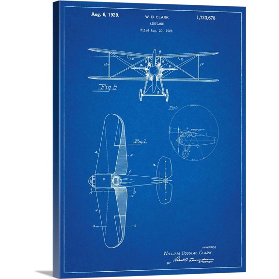 Great BIG Canvas | "W.D. Clark Plane - Blue" Canvas Wall Art - 18x24