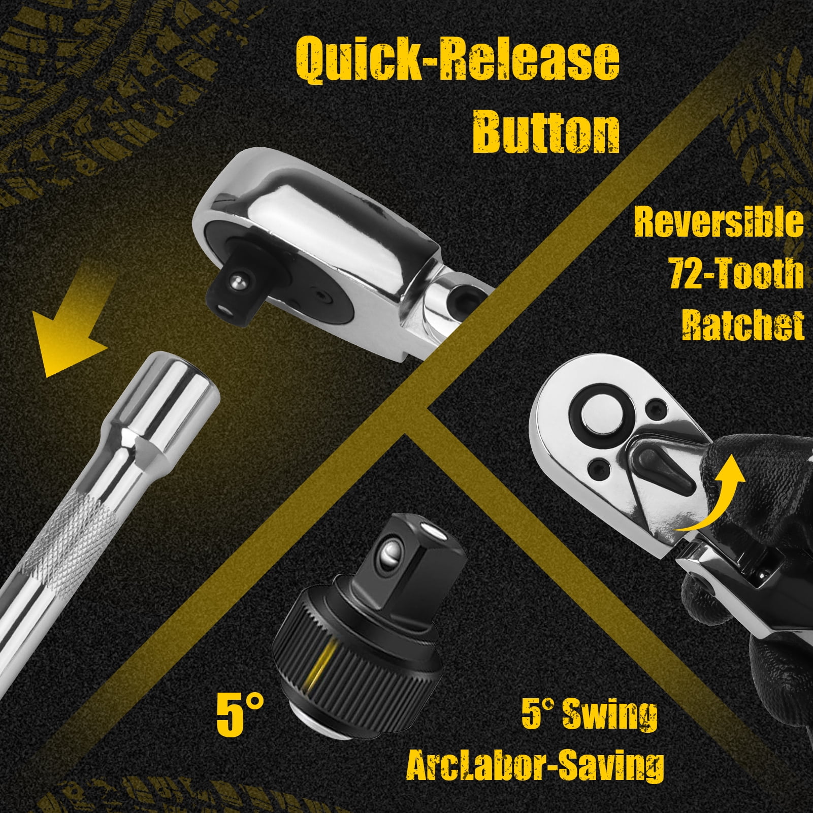 6-Piece Flex Head Ratchet Set, 1/4", 3/8", 1/2" Drive, Swivel Head Ratchet Wrench with Extension Bar, 72 Tooth, 180° Adjustable, Quick-Release, Flexible Ratchet Handle