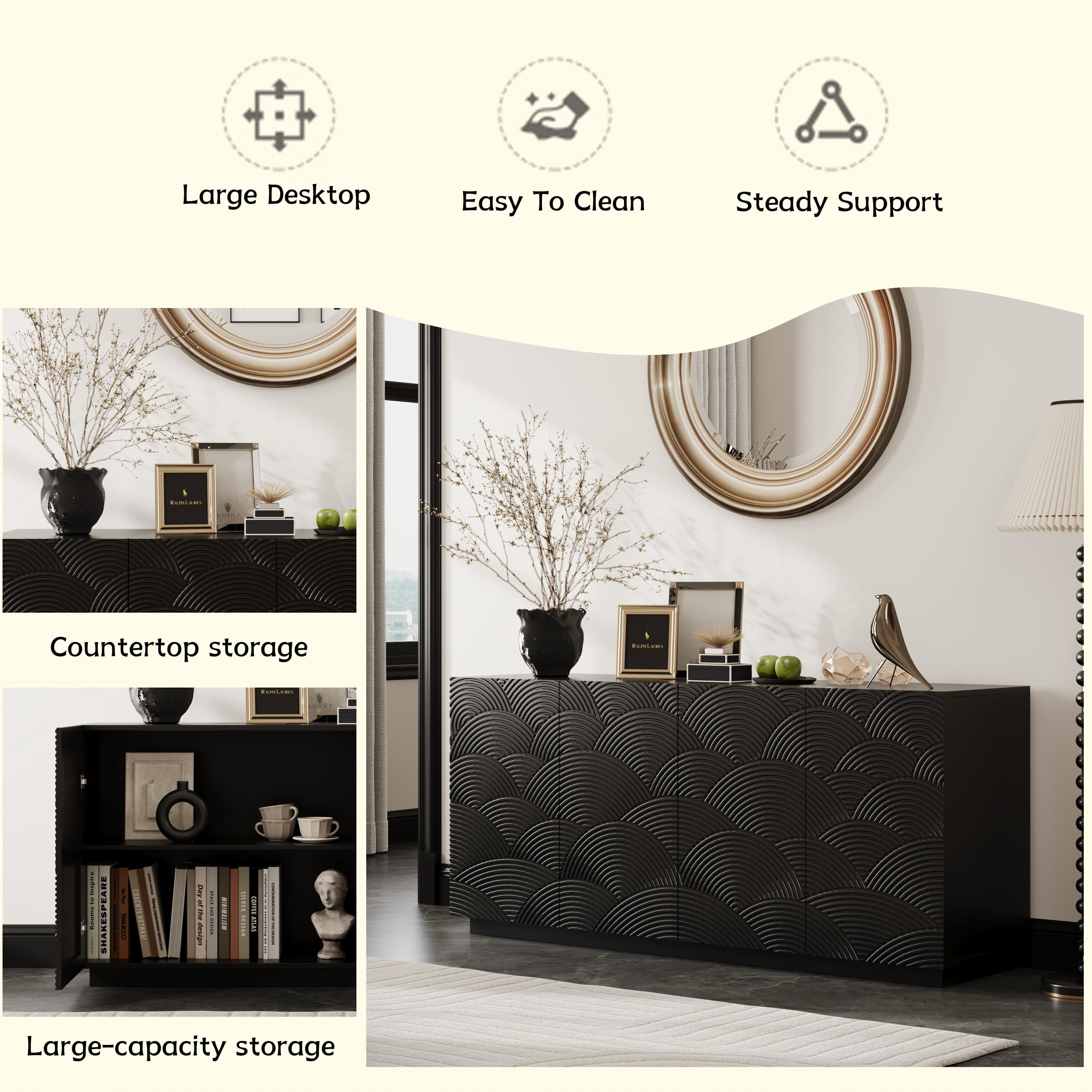 Aukfa Modern Water Ripple Sideboard Cabinet,Coffee Bar TV Console for Dining Room/Kitchen/Living Room,Black