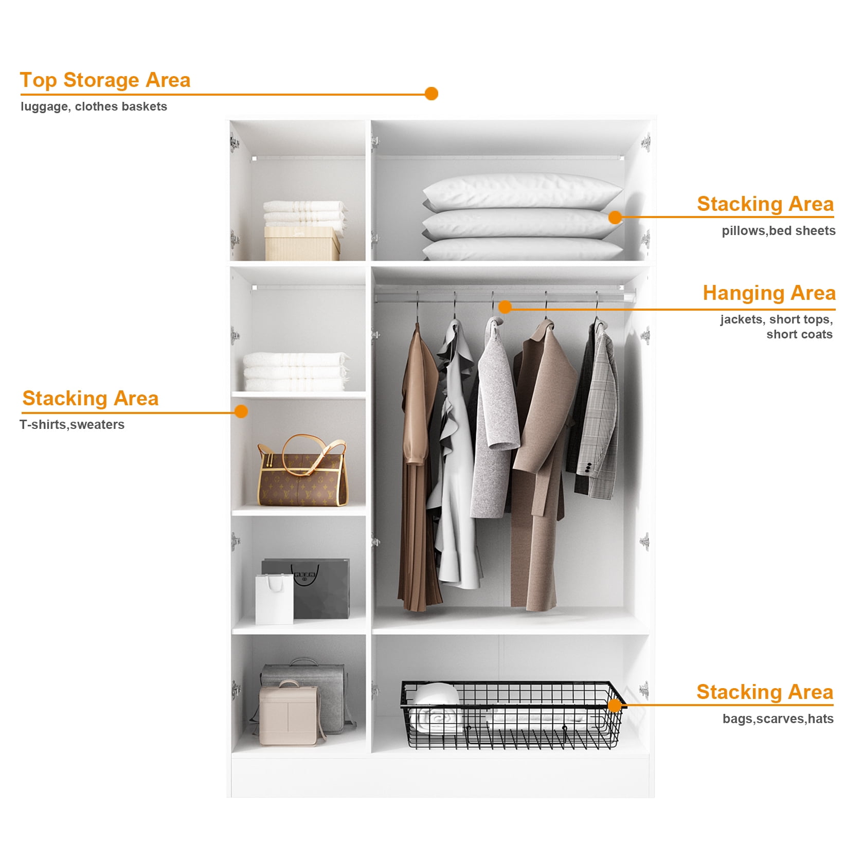 WIAWG Bedroom Wardrobe with Lights, Armoires Closet Storage Cabinet with Hanging Rod and Glass Doors, White