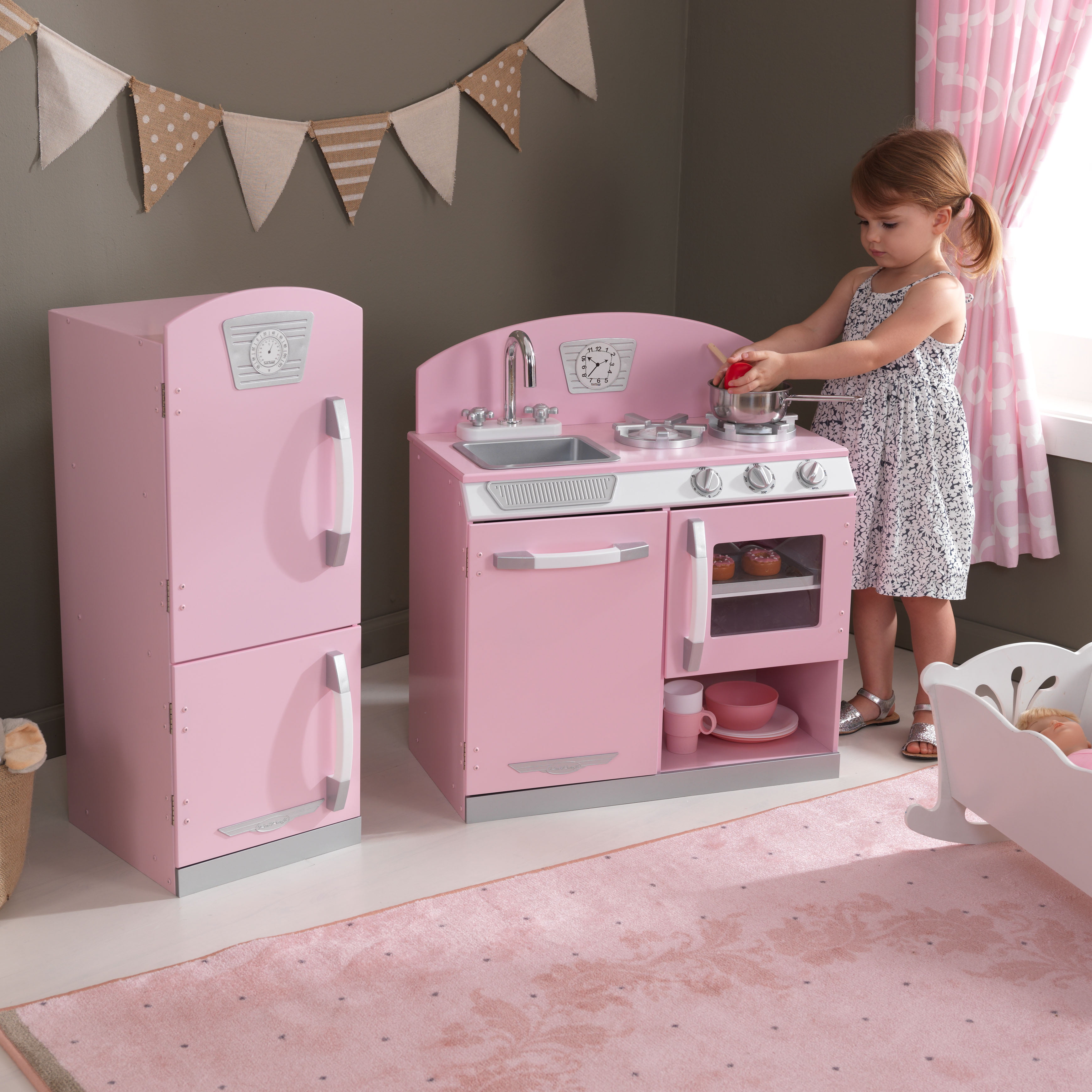 KidKraft Wooden Pink Retro Kitchen & Refrigerator with 1 Piece Accessory Play Set - Walmart.com