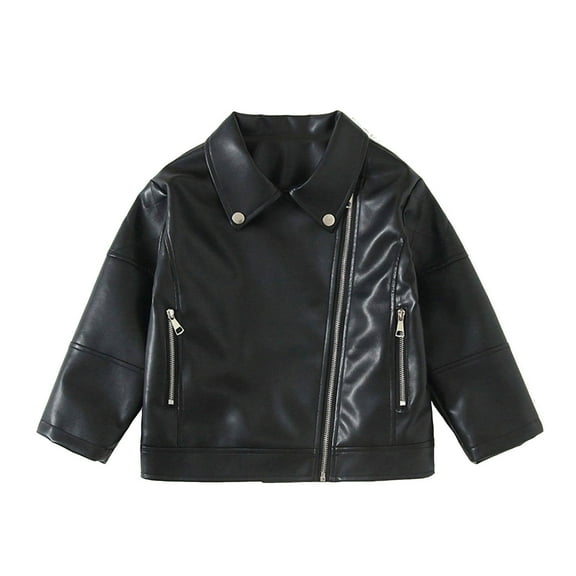 BFHHYA Kids' Boys & Girls Leather Moto Jacket Asymmetrical Zipper Cropped Jacket Fashion PU Leather Jacket with Zip Pockets Cool Days Outings(2-14Y)