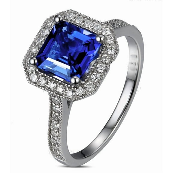 Halo Antique 2 Carat 6mm Princess Cut Blue Sapphire Moissanite Diamond Engagement Ring in 10k White Gold