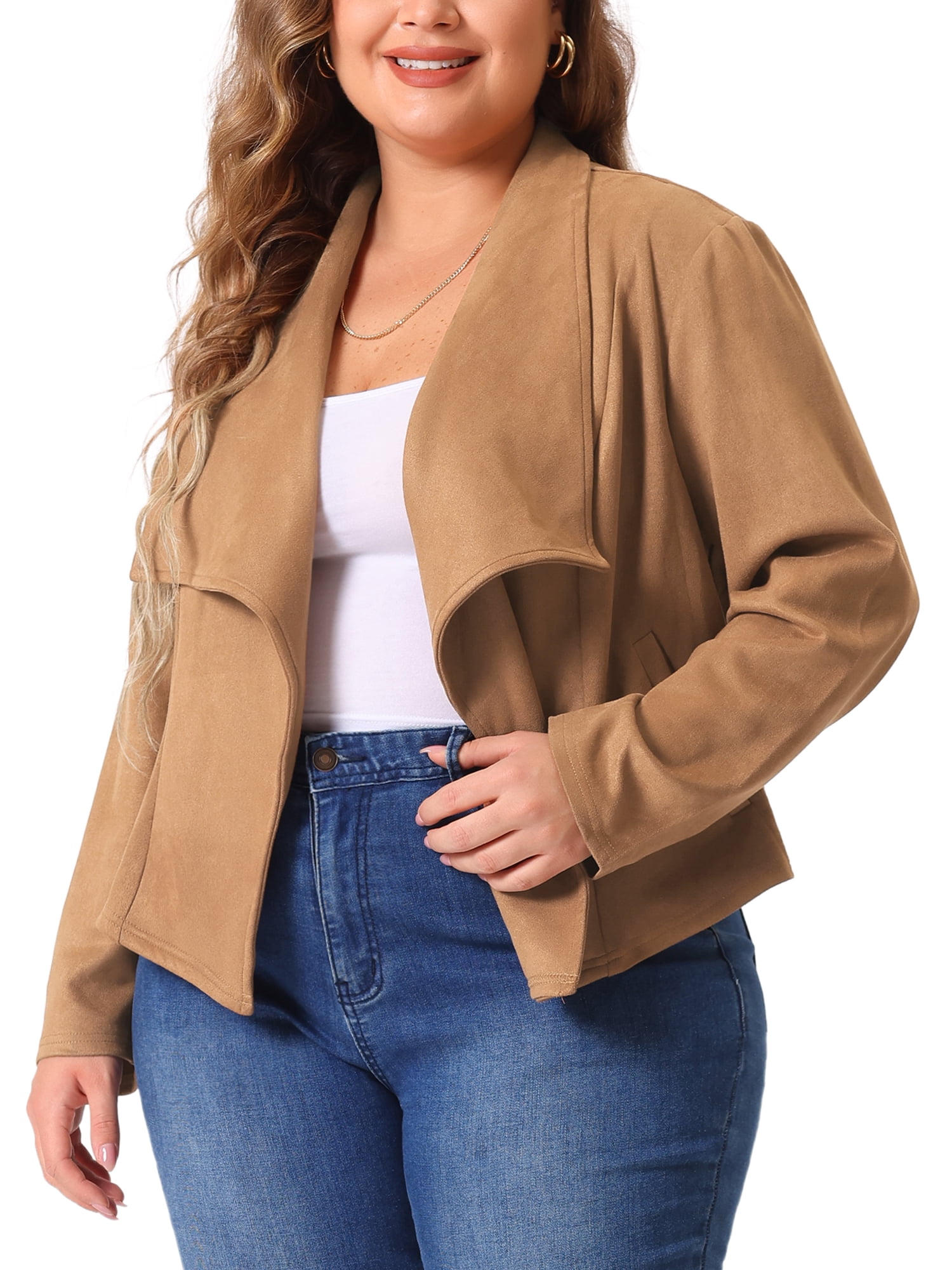 DARING DIVA Plus Size Faux Suede Lapel Open Front Cardigans Jacket 4X Brown