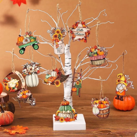 Fall Hanging Decor 24 Pack 3.5 Inch Wooden Ornaments, Vintage Fall Decor for Home Halloween Thanksgiving Seasonal Displays, Multi Design Fall Tree Decor Set