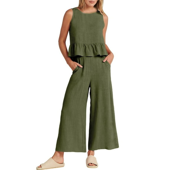 snowsong Lounge Sets For Women Matching Sets Women Clothing Women's Summer 2 Piece Solid Color Outfits Sleeveless Ruffle Tank Crop Top & Wide Leg Pant 2 Piece Fall Sets For Women Green L