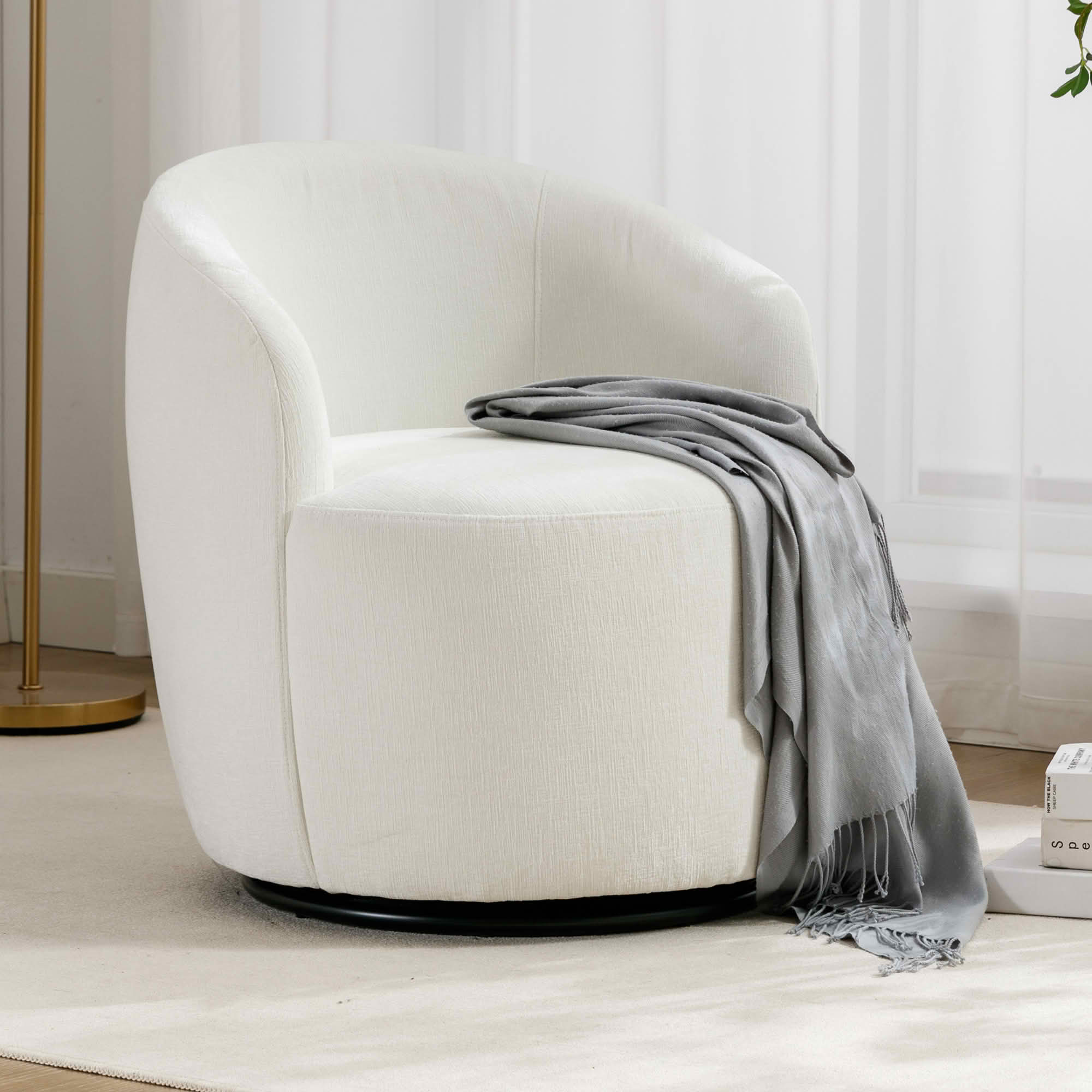 MAYEERTY Chenille Fabric Swivel Accent Armchair Barrel Chair, with Black Powder Coating Metal Ring, Ivory