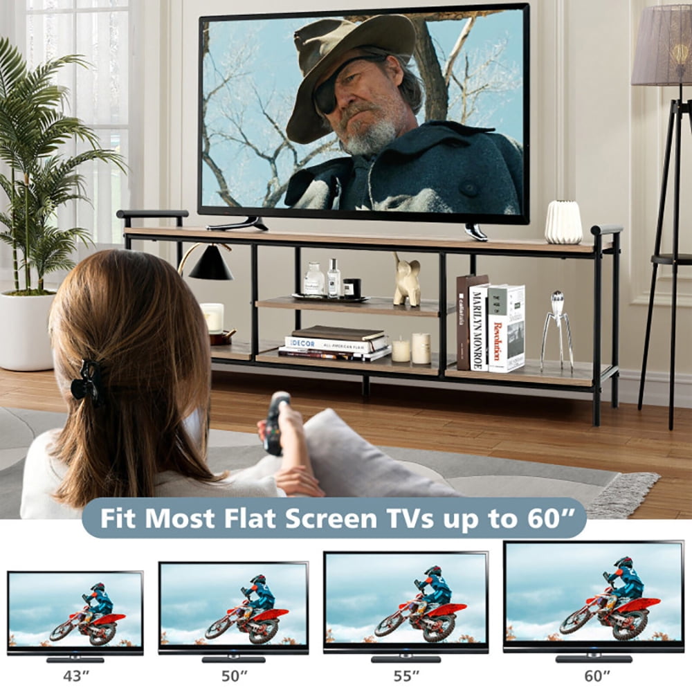 Finihen TV Stand, TV Cabinet, Industrial TV Stand for TVs up to 60 Inch with Storage Shelves, for Living Room, Natural