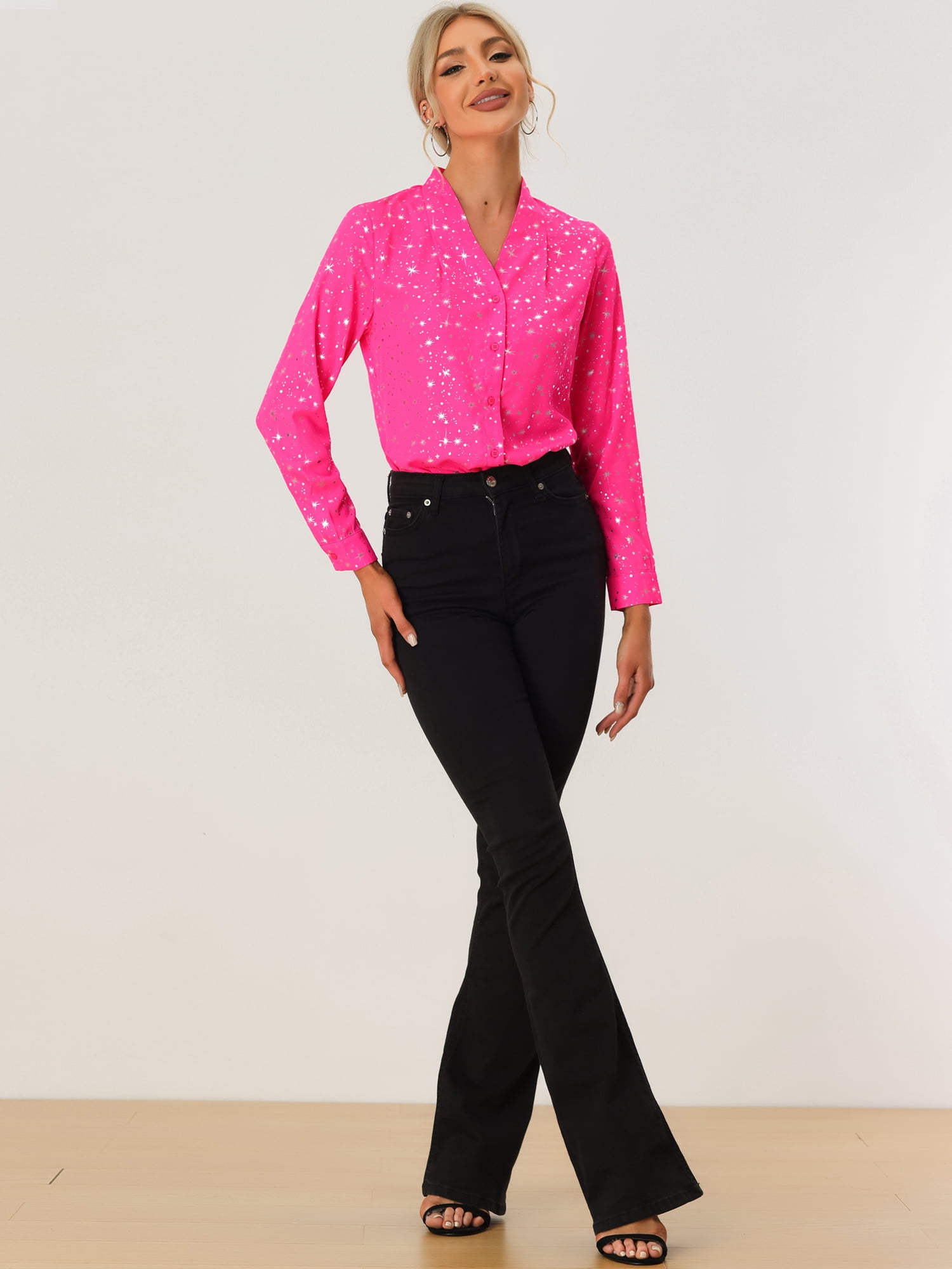 DARING DIVA Stand Collar Metallic Dots Stars Blouse Top S Pink