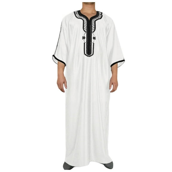 IWRICH Men's Muslim Clothes V-Neck Short Sleeve Plus Size Thobe Kaftan Loose Casual Solid Color Breathable Soft Thobe White XL