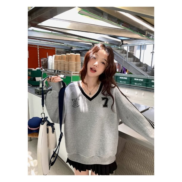 Suéter casual de estilo jersey coreano de algodón chino de imitación de algodón para mujer, blusa de manga larga con borde de encaje en contraste