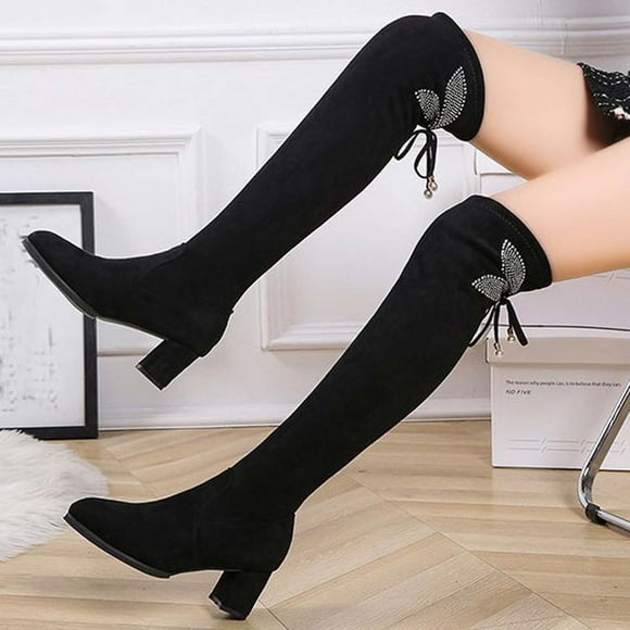LSLJS Women's High-Heels Over-the-Knee Boots, Women's Winter Flock Over-the-knee Boots Round-Toe Bowknot 6CM High Heels Boots, Women's Knee-High Boots