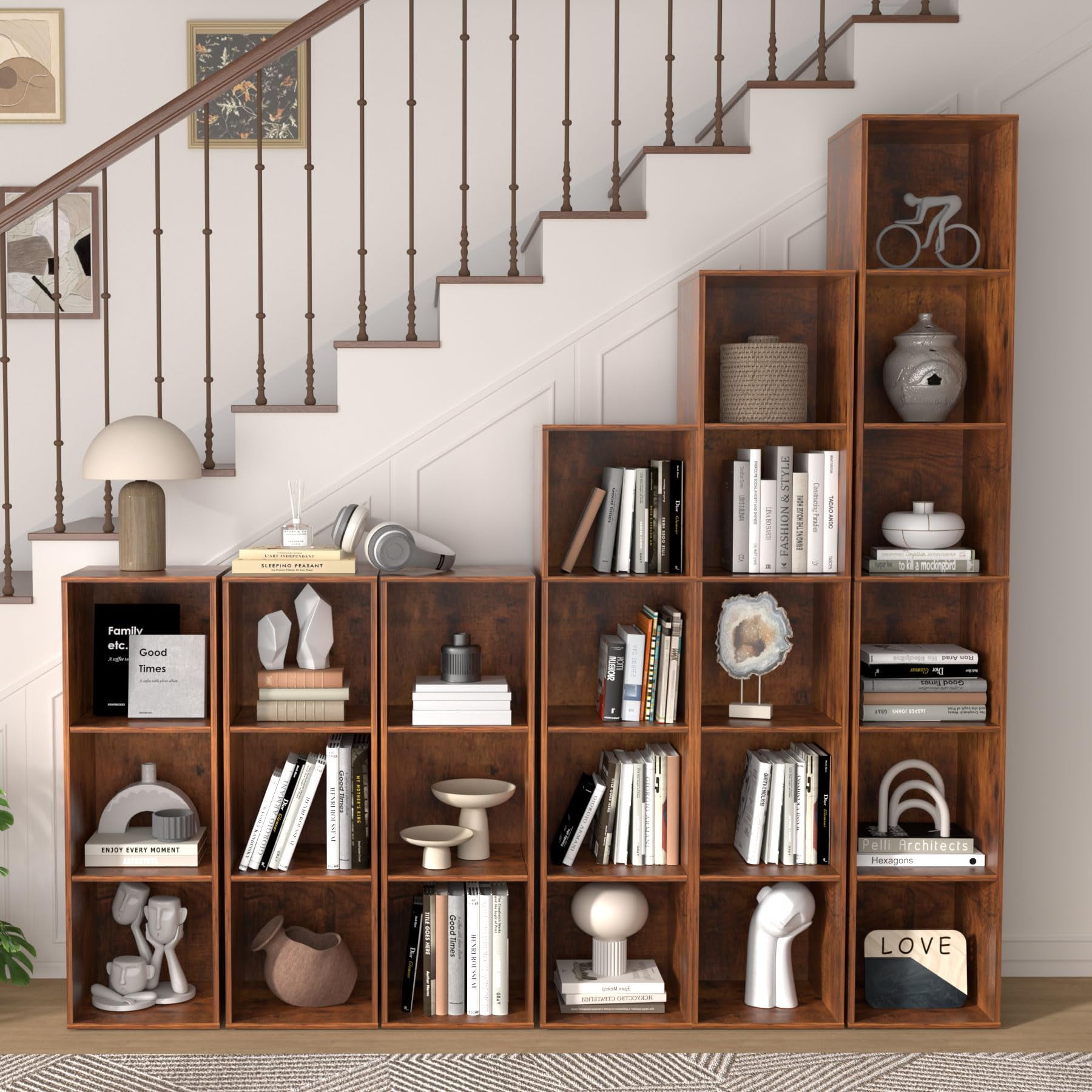 VAFHYLLIS Brown 4 Cube Storage Organizer, 4 Tier Cube Bookcase Freestanding Storage Display Organizer for Home Office, Four Cubes Open Shelf Bookshelf